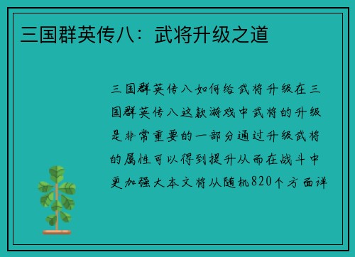 三国群英传八：武将升级之道